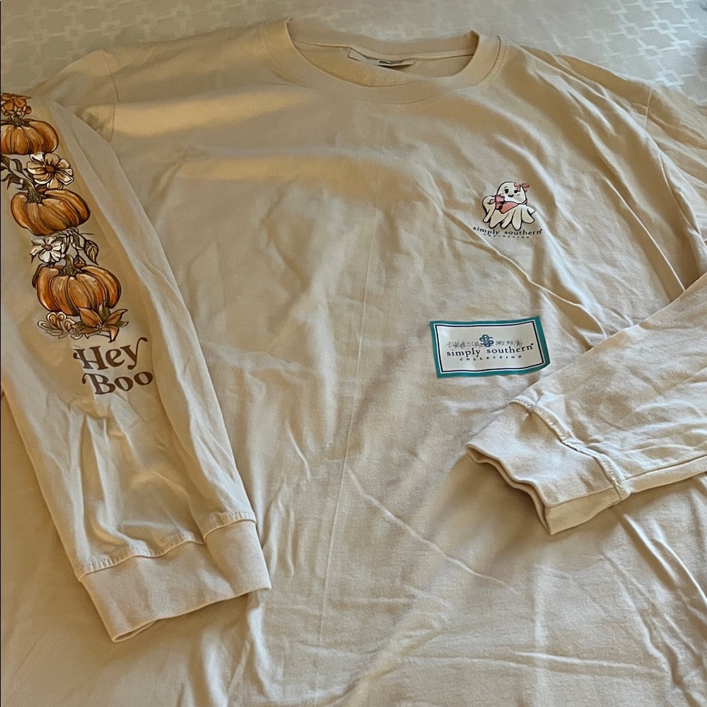 Simply Southern Cream Shirt with Pumpkin Sleeve Design